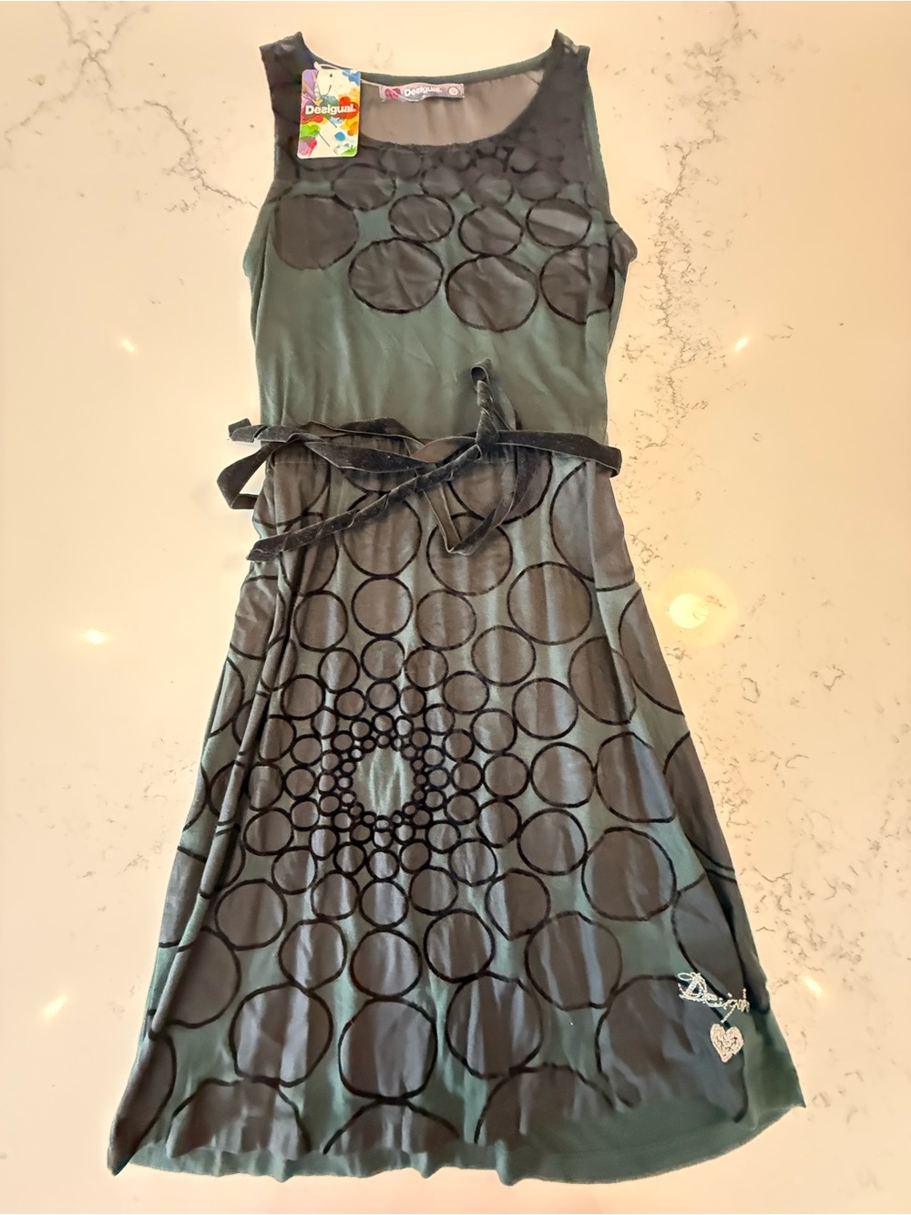 Desigual Green and Black Sleeveless Midi Dress with Circle Motif